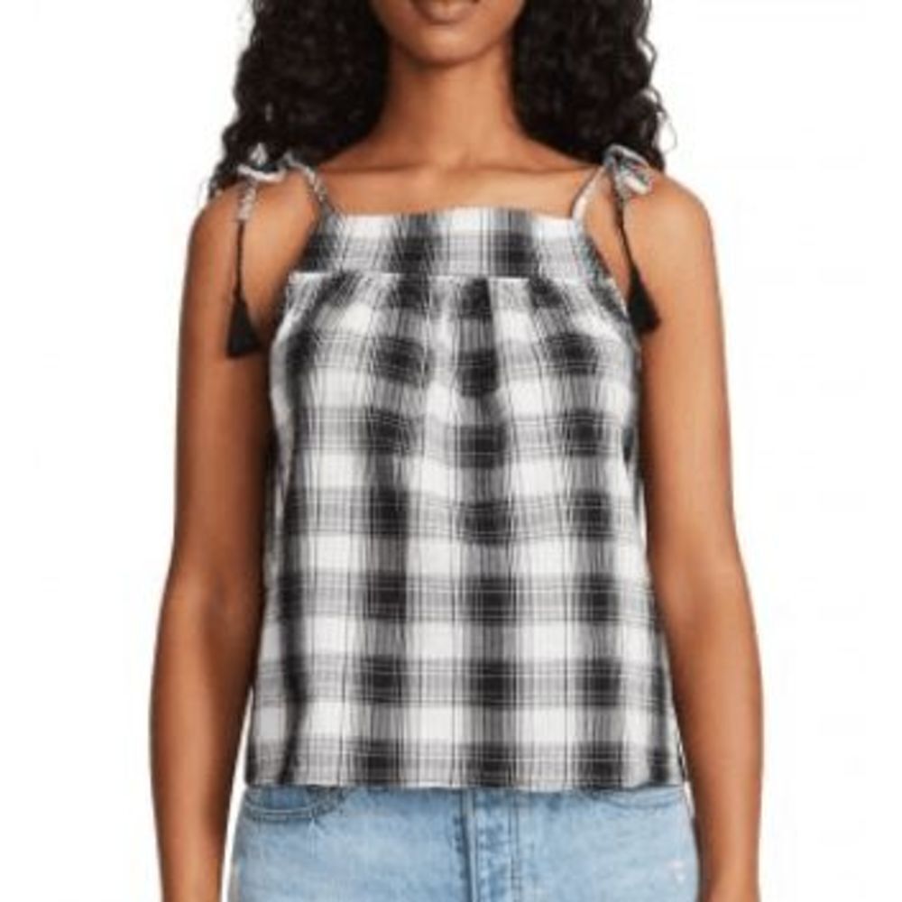 BB Dakota Steve Madden Plaid Out Tank Top Tassel Straps Black White Small